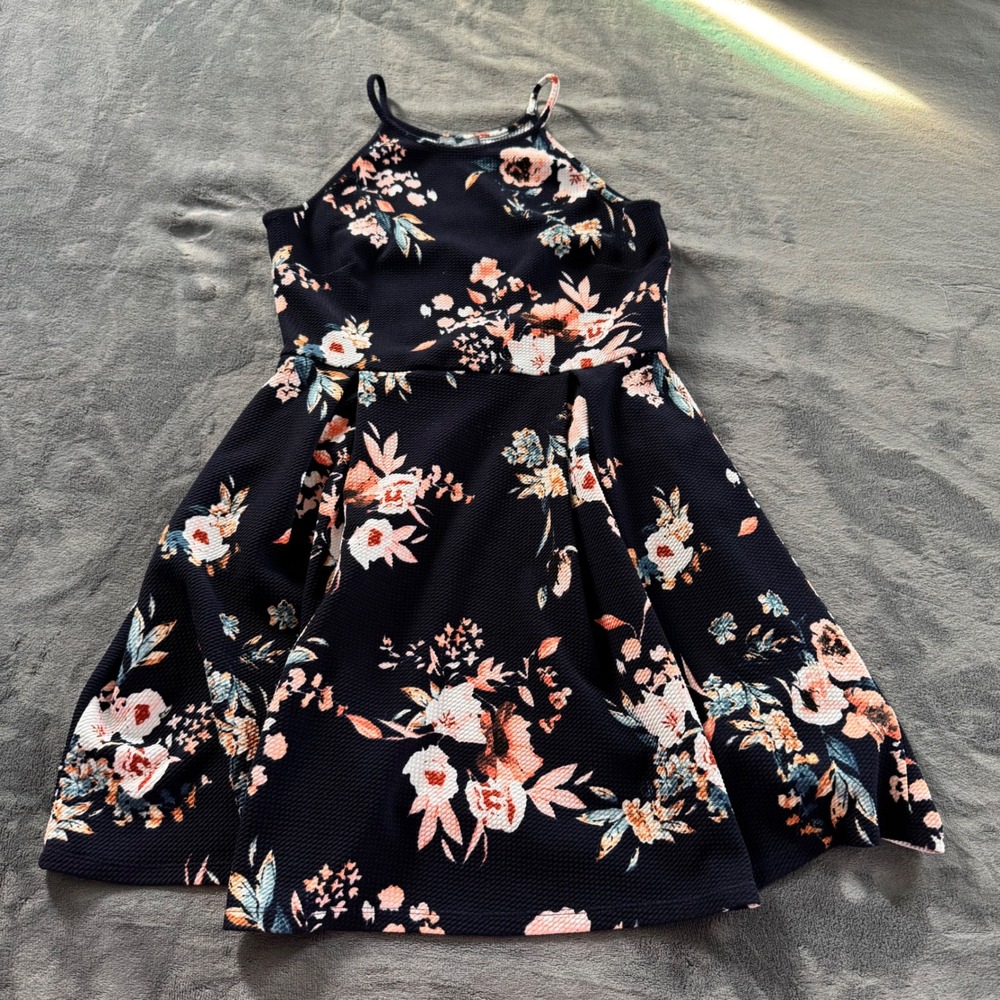 Soprano Women's Black Floral Print Halter Neck Fit Flare Sleeveless Dress Size L